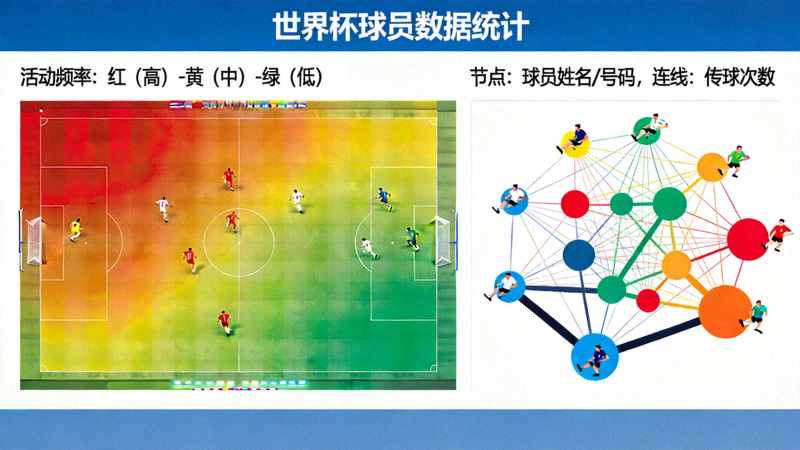 世界杯数据统计分析界面，展示球员热图与传球网络